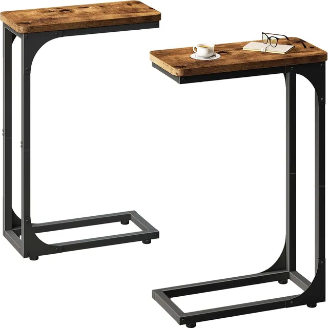 QEEIG Narrow C-Shaped Side Tables (Set of 2) — Rustic Brown