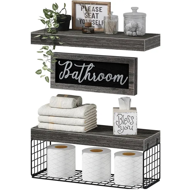 QEEIG Bathroom Shelves with Decor Sign — Grey