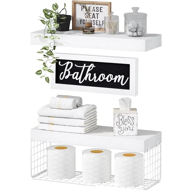 QEEIG Bathroom Shelves with Decor Sign — White