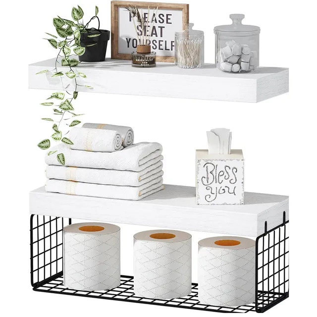 QEEIG Over-Toilet Shelves with Basket — White & Black