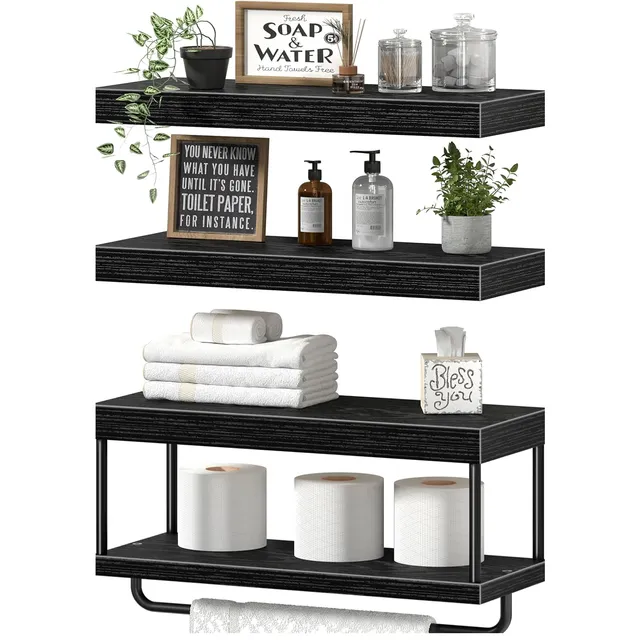 QEEIG Floating Shelves Over Toilet with Towel Bar — Black