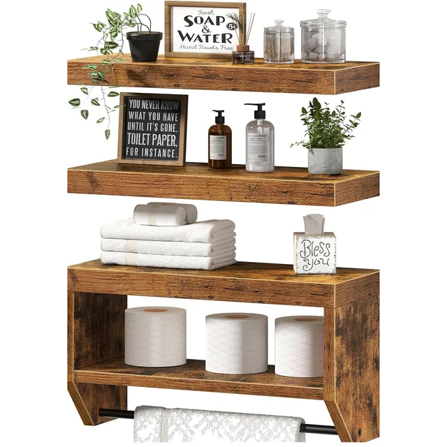 QEEIG Bathroom Wall Shelf Set with Storage Box — Rustic Brown