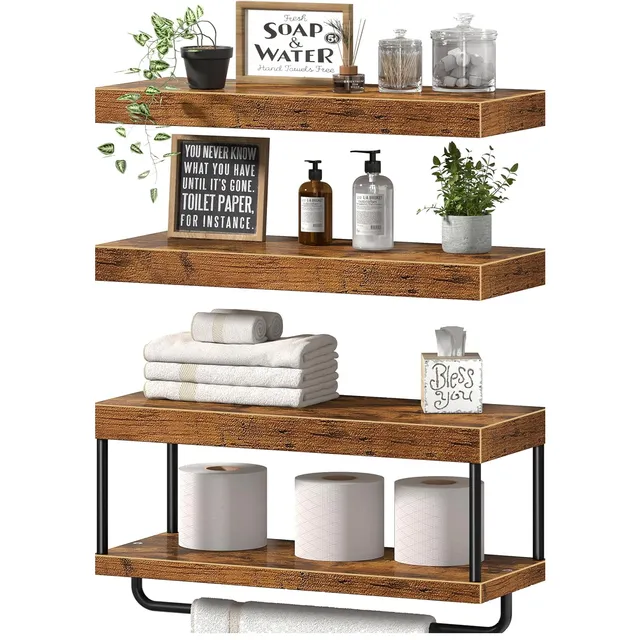 QEEIG Floating Shelves Over Toilet with Towel Bar — Rustic Brown